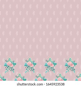Vector repeat seamless horizontal border with pink roses. Floral light purple and pink background with flowers. Image for printing on paper, wallpaper, covers, fabrics.