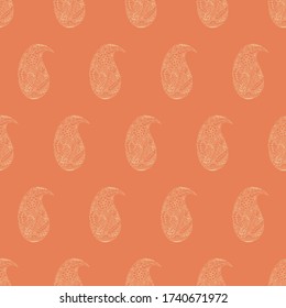 Vector repeat seamless paisley pattern. Orange color illustration. Trendy endless texture for digital paper, fabric, backdrops, wrapping paper and fabric.