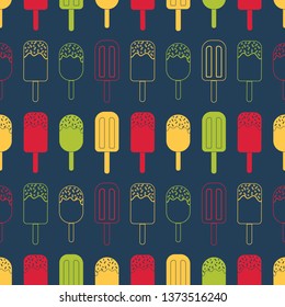 Vector repeat seamless pattern. Bright color ice creams on dark blue background. Colorful summer surface pattern.