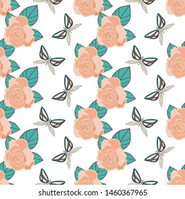 Vector repeat seamless pattern with butterflies and roses. Surface pattern.