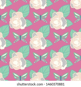 Vector repeat seamless pattern with butterflies and roses.