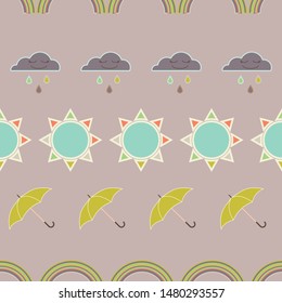 Vector repeat seamless pattern with clouds, rain, rainbow, sun and umbrellas.