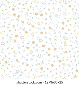 Vector repeat seamless pattern with colorful circles, dots and stars on white background. Pink, baby blue and yellow colors. Surface pattern, background for invitation card .