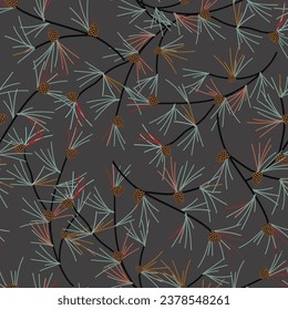 A vector repeat seamless pattern design creates a warm feeling with a charcoal background and pine boughs and branches scattered over it.
