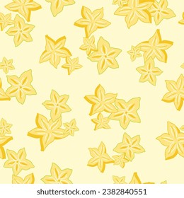 A vector repeat seamless pattern design of sliced yellow Carambola, also known as star fruit, scattered across a paler yellow background.