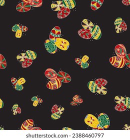 A vector repeat seamless pattern design featuring a black background scattered with clusters of colorful Ukrainian easter eggs.