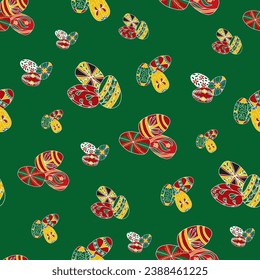 A vector repeat seamless pattern design of clusters of colorful Ukrainian Easter eggs scattered across a green background.