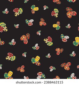 A vector repeat seamless pattern design is created with clusters of colorful Ukrainian Easter eggs scattered across a black background.