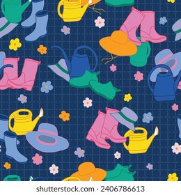 A vector repeat seamless pattern design on a navy blue lattice texture with yellow, lavender, blue, pink and orange watering cans, sun hats, flowers, and rubber garden boots.