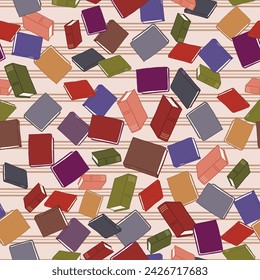 A vector repeat seamless pattern design of colorful old books in red, blue, purple, yellow, gray, and green scattered on a peach background with horizontal line stripes.