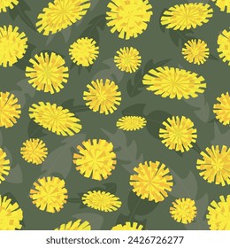 A vector repeat seamless pattern design created with yellow dandelion blossoms scattered on a green background of dandelion leaves.