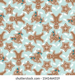 Vector repeat seamless pattern with hand drawn gingerbread cookies. Surface pattern.