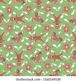 Vector repeat seamless pattern with hand drawn gingerbread cookies. Surface pattern.