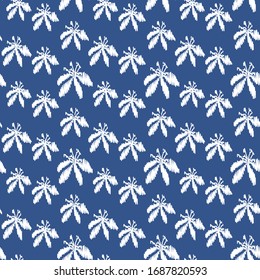 Vector repeat seamless pattern with ikat small flowers. Blue and white color.  