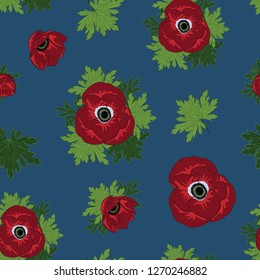 Vector repeat seamless pattern. Illustration with red anemone flower on blue background. Great as a textile print, wedding invitation, mother' s day card or packaging.