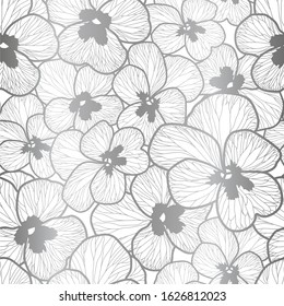 Vector repeat seamless pattern with pashy flowers. Silver foil. Image for printing on paper, wallpaper, covers, fabrics.