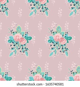  Vector repeat seamless pattern with pink roses. Floral light purple and pink background with flowers. Image for printing on paper, wallpaper, covers, fabrics.