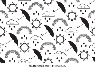 Vector repeat seamless pattern. Rainbow, rain, clouds and umbrella illustration. Black and white colors.