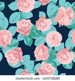 Vector repeat seamless pattern with romantic roses. Light pink roses and teal leaves illustration, Dark blue background. Surface pattern.