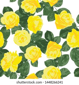 Vector repeat seamless pattern with roses. Yellow roses and green leaves illustration. Surface pattern.