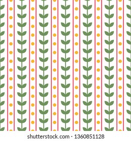 Vector repeat seamless pattern. Stripes, leaves and dots on white background. Pink, green and yellow illustration. Surface pattern.