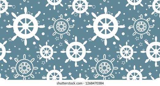 Vector repeat seamless pattern with white wheels, stars and circles on ash blue background. Great as a textile print, party invitation or packaging.