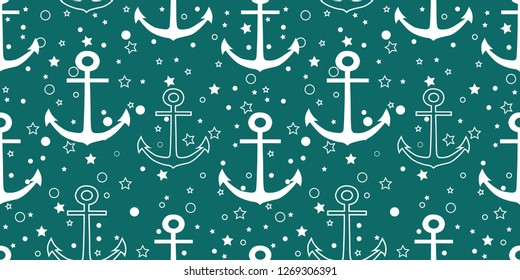 Vector repeat seamless pattern with white wheels, stars and circles on petrol green background. Great as a textile print, party invitation or packaging.