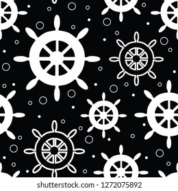 Vector repeat seamless pattern with white wheels and circles on black background. Great as a textile print, party invitation or packaging. Surface pattern.