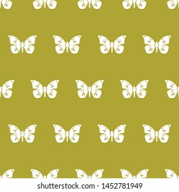Vector repeat seamless pattern with white butterflies and green background. Surface pattern.