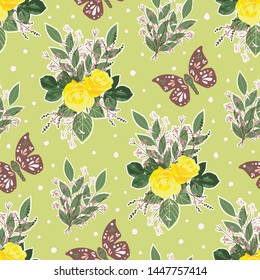 Vector repeat seamless pattern wirh flowers and butterflies. Floral green, yellow and pink illustration. Surface pattern.