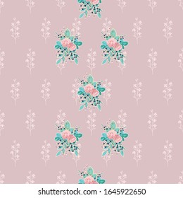 Vector repeat seamless vertical border with pink roses. Floral light purple and pink background with flowers. Image for printing on paper, wallpaper, covers, fabrics.