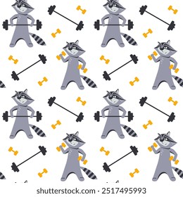 Vector repeat texture with raccoons playing sports. Nice animals exercise wallpaper. Seamless pattern with cute cartoon chatacter for kids. Texture for textile. Workout and healthy lifestyle.