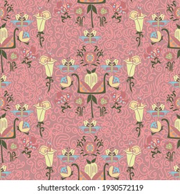 Vector repeatable folk art floral seamless pattern in pastel blue and yellow shades in a regular symmetrical arrangement on a dusky pink doodle decorated background