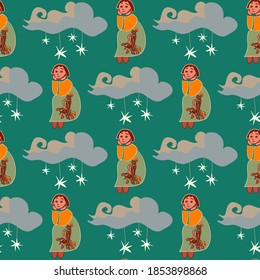 Vector repeatable infinite seamless pattern of little dreaming girls in the clouds with stars. Cute artwork  in soothing colours of green and orange. Relaxing and quirky for fabric and surface prints.