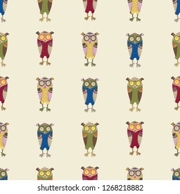 Vector repeatable pattern with colorful funny owls in cartoon style