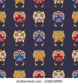 Vector repeatable pattern with colorful funny round owls in cartoon style