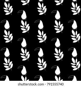 vector repeatable pattern of white pelican bird on brunches with leaves on dark background 