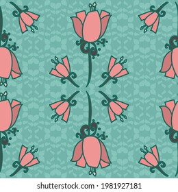 vector repeatable seamless arty cute floral repeat pattern in pink arranged symmetrically on a duck egg blue background