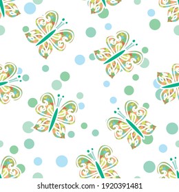 Vector repeatable seamless butterfly scattered pattern with polka dots in greens and blues on a fresh white backdrop