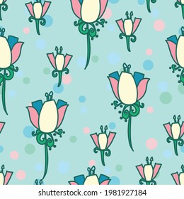 Vector repeatable seamless floral sweet pattern in pale blue and pink on a pastel blue backdrop