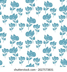 Vector repeatable seamless pattern with blue abstract flowers on a white backdrop