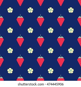 a vector repeated background; a seamless pattern of a sweet strawberry and its flower made in a modern flat style; great for textile; wall paper; wrapping; fabric; summer berry decor;