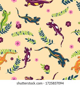 Vector repeated infinite summer pattern of plants flowers colorful lizards. Green purple seamless print with wild tropical animal. Qualitive nature set isolated. Flora fauna jungle textured whapping.