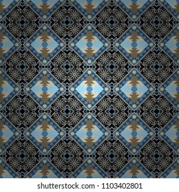 Vector repeated oriental motif for fabric or paper design. Seamless ethnic patterns for border in beige, black and blue colors.