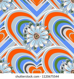 Vector repeated oriental motif for fabric or paper design. Seamless ethnic patterns for border in blue, orange and pink colors.