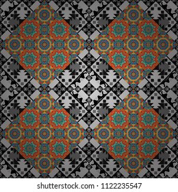Vector repeated oriental motif for fabric or paper design. Seamless ethnic patterns for border in blue, gray and black colors.