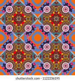 Vector repeated oriental motif for fabric or paper design. Seamless ethnic patterns for border in blue, orange and brown colors.