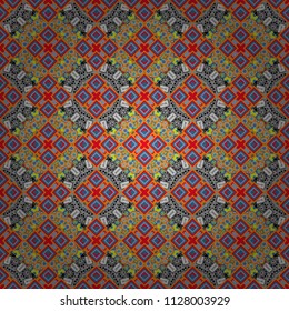 Vector repeated oriental motif for fabric or paper design. Seamless ethnic patterns for border in orange, gray and blue colors.