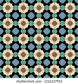 Vector repeated oriental motif for fabric or paper design. Seamless ethnic patterns for border in black, beige and blue colors.