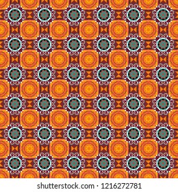 Vector repeated oriental motif for fabric or paper design. Seamless ethnic patterns for border in orange, red and brown colors.